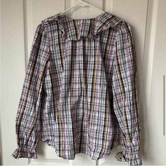 NWT LOFT Plaid Ruffle V-Neck Blouse - Picture 6 of 8
